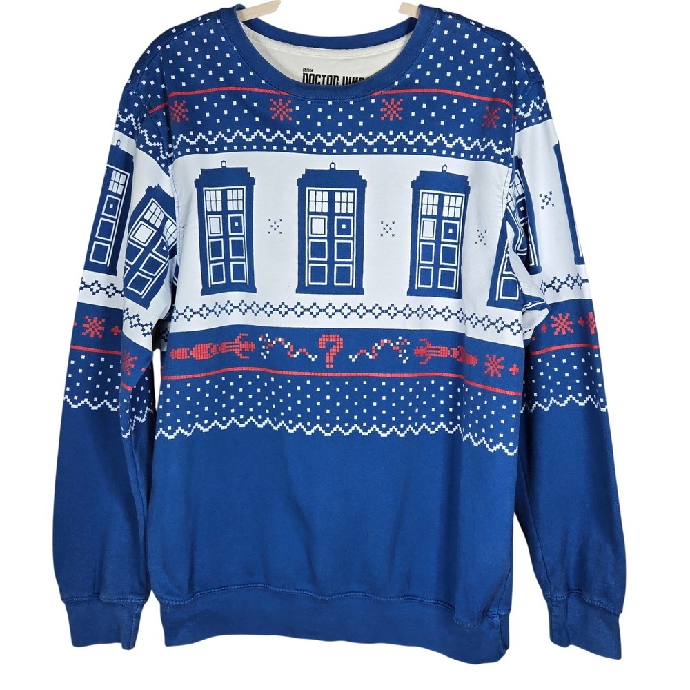 Doctor Who TARDIS Ugly Christmas Sweater Men Medium Ripple Junction Graphic Blue